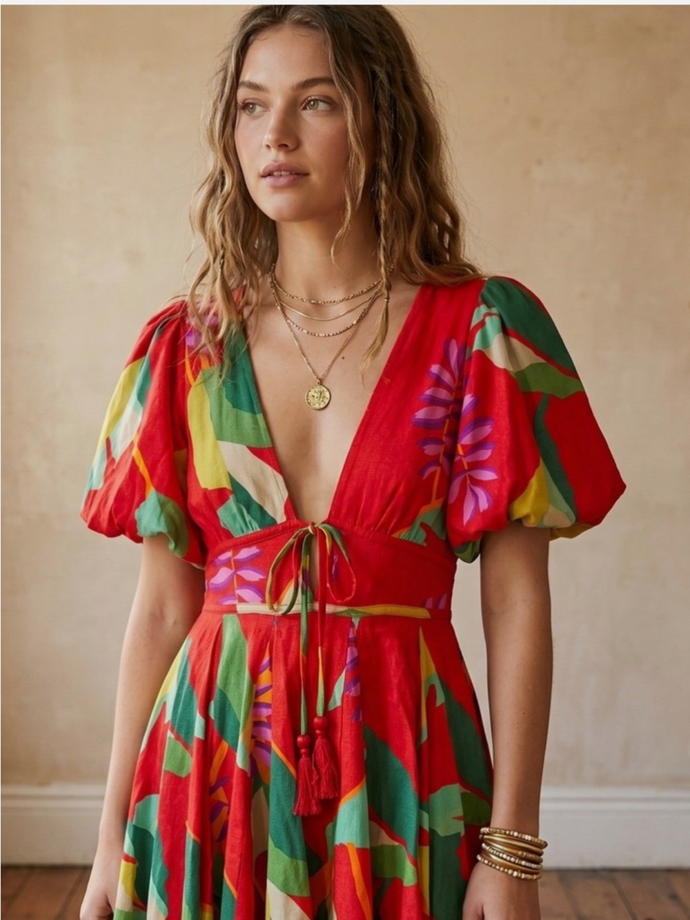 House of Harlow 1960 Red Tropical Floral Puff Sleeve Mini Dress, size 6